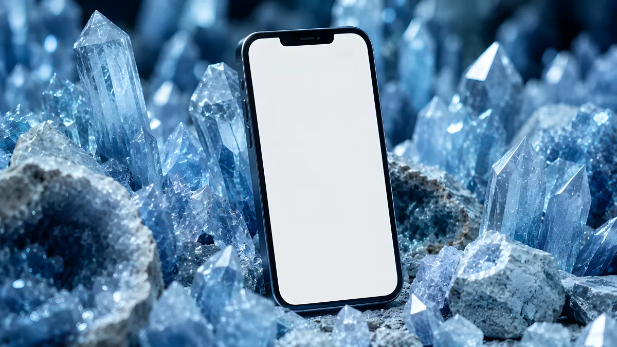 Smartphone mit leerem Bildschirm zwischen blauen Kristallen