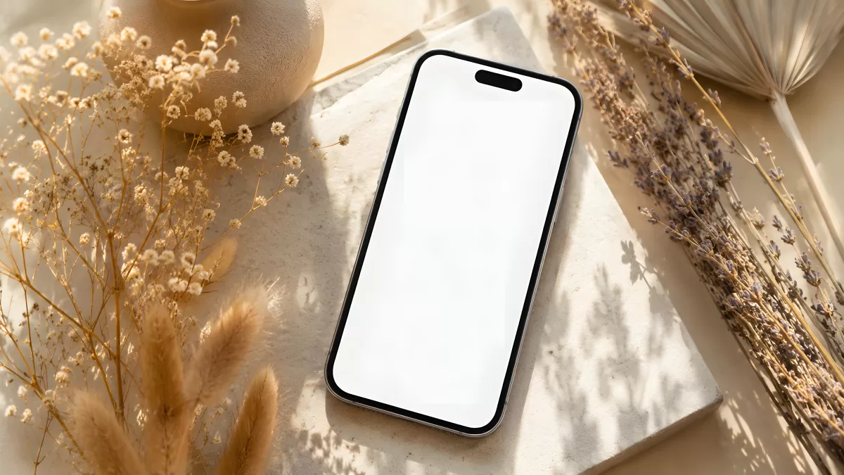 Smartphone mit leerem Bildschirm zwischen Trockenblumen