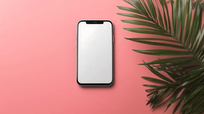 Smartphone mit leerem Display auf rosa Hintergrund mit Palmenblättern