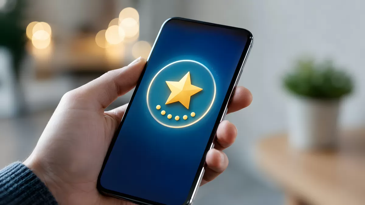 Smartphone mit leuchtendem Stern-Symbol in der Hand