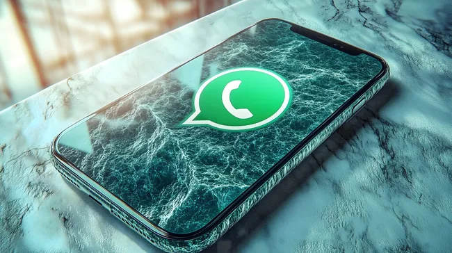 Smartphone mit leuchtendem WhatsApp-Logo auf blaugrünem Hintergrund