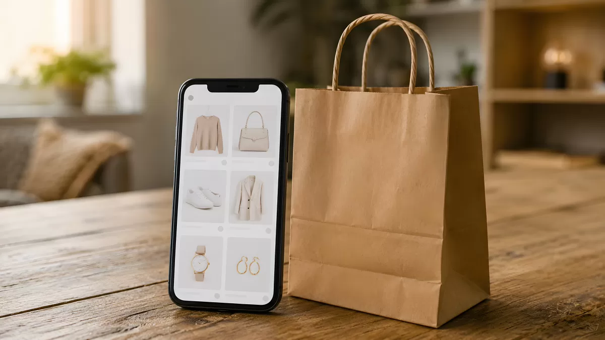 Smartphone mit Mode-App neben Papiertüte auf Holztisch