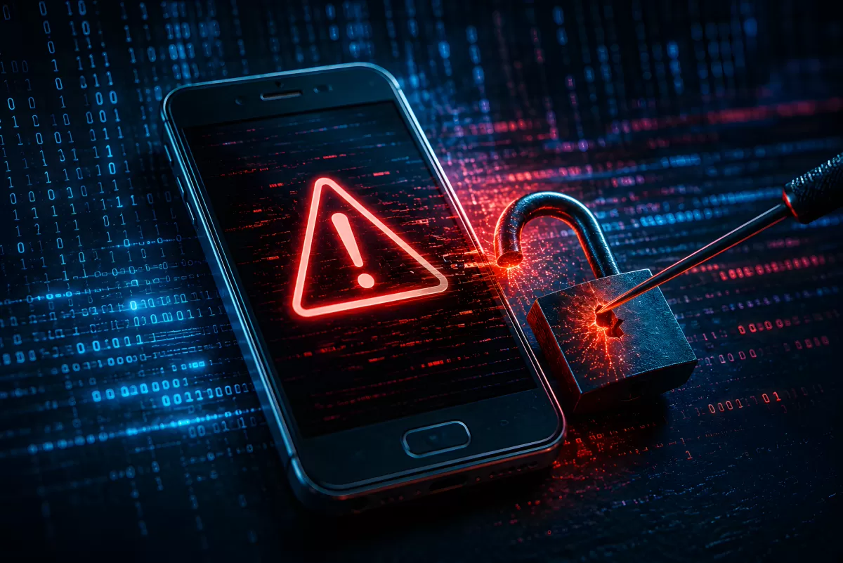 Smartphone mit Sicherheitswarnung und aufgebrochenem Schloss