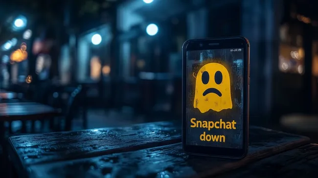 Smartphone mit Snapchat-Ausfall in nächtlicher Straßenszene
