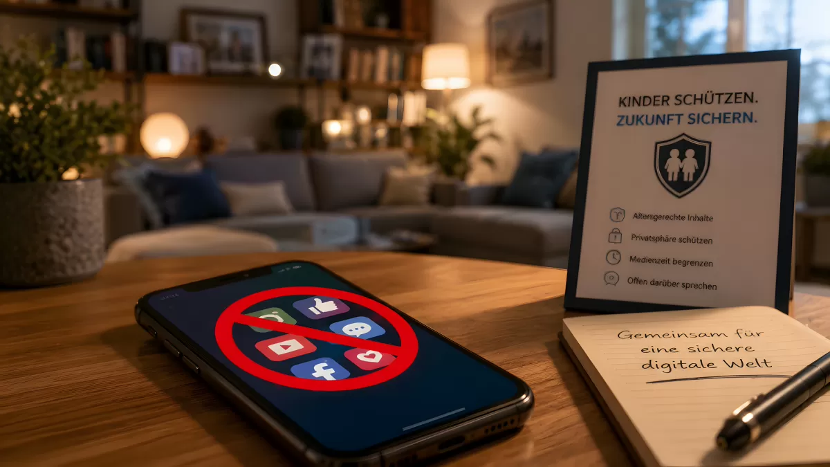 Smartphone mit Social-Media-Verbot und Kinderschutz-Hinweisen