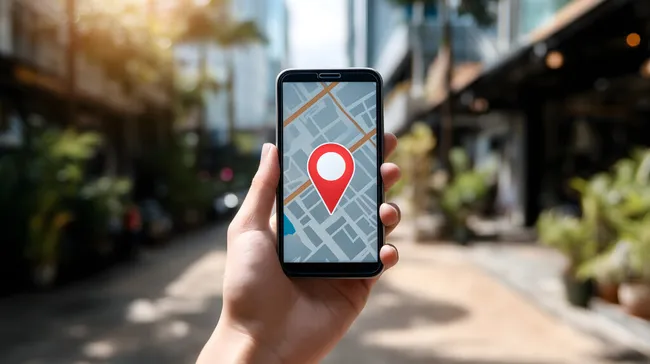 Smartphone mit Standortdetails auf digitaler Karte