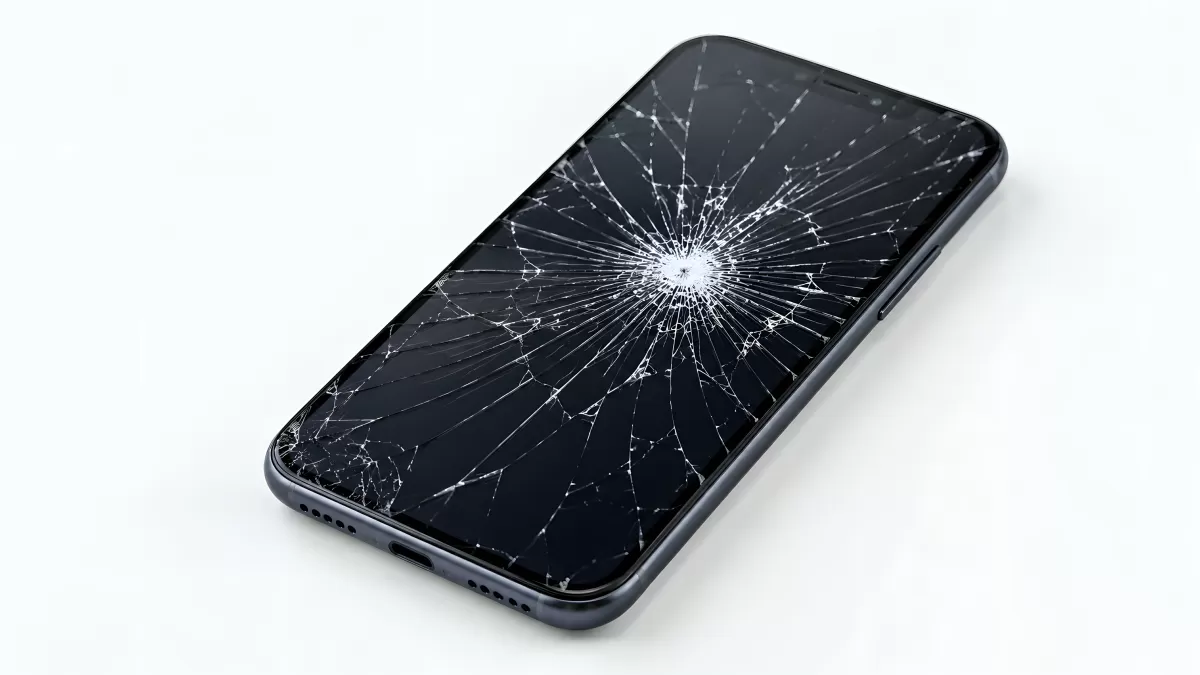 Smartphone mit stark gebrochenem Display liegt flach
