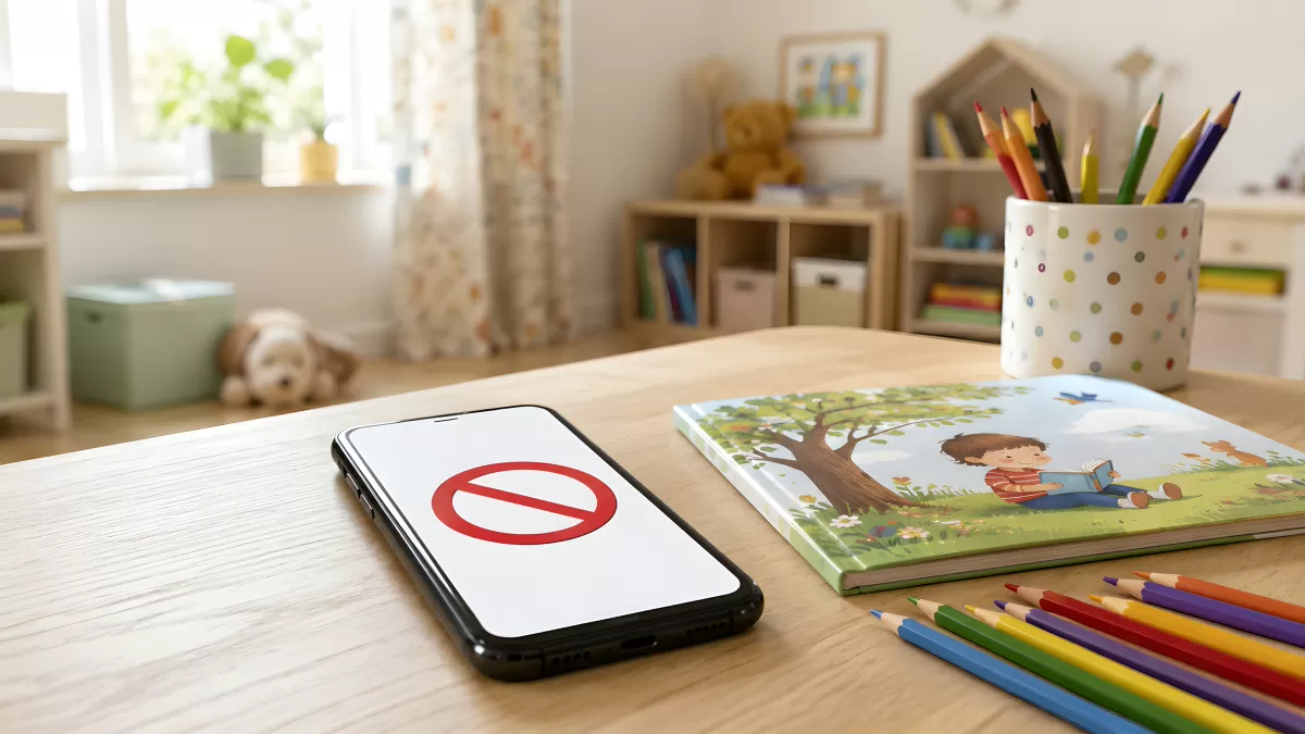 Smartphone mit Verbotszeichen neben Kinderbuch auf Schreibtisch