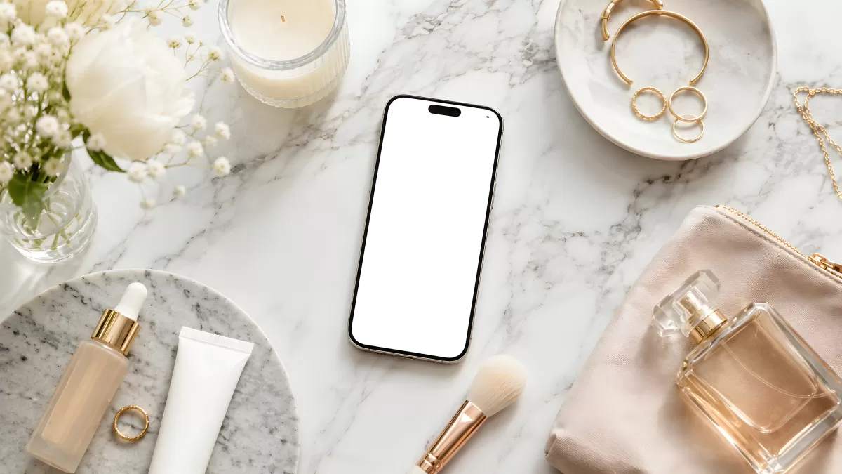 Smartphone mit weißem Bildschirm auf Marmor-Vanity
