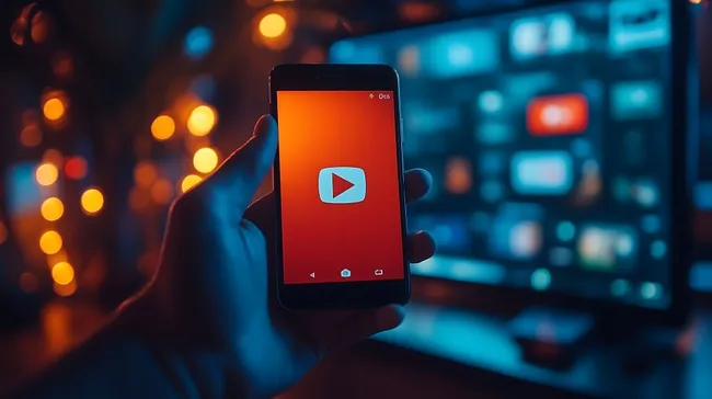 Smartphone mit YouTube-Logo in düsterer Umgebung