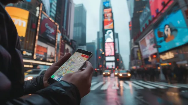 Smartphone-Nutzung bei Nachtaufnahme von New Yorker Großstadt