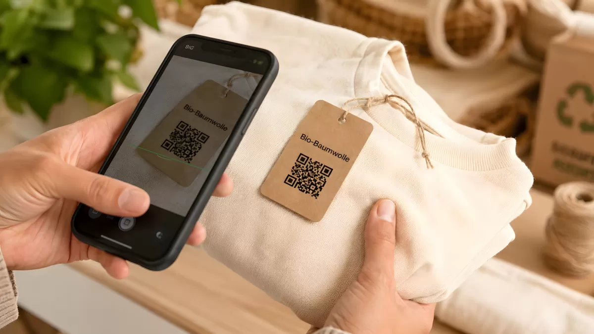 Smartphone scannt QR-Code auf Bio-Baumwoll-Etikett