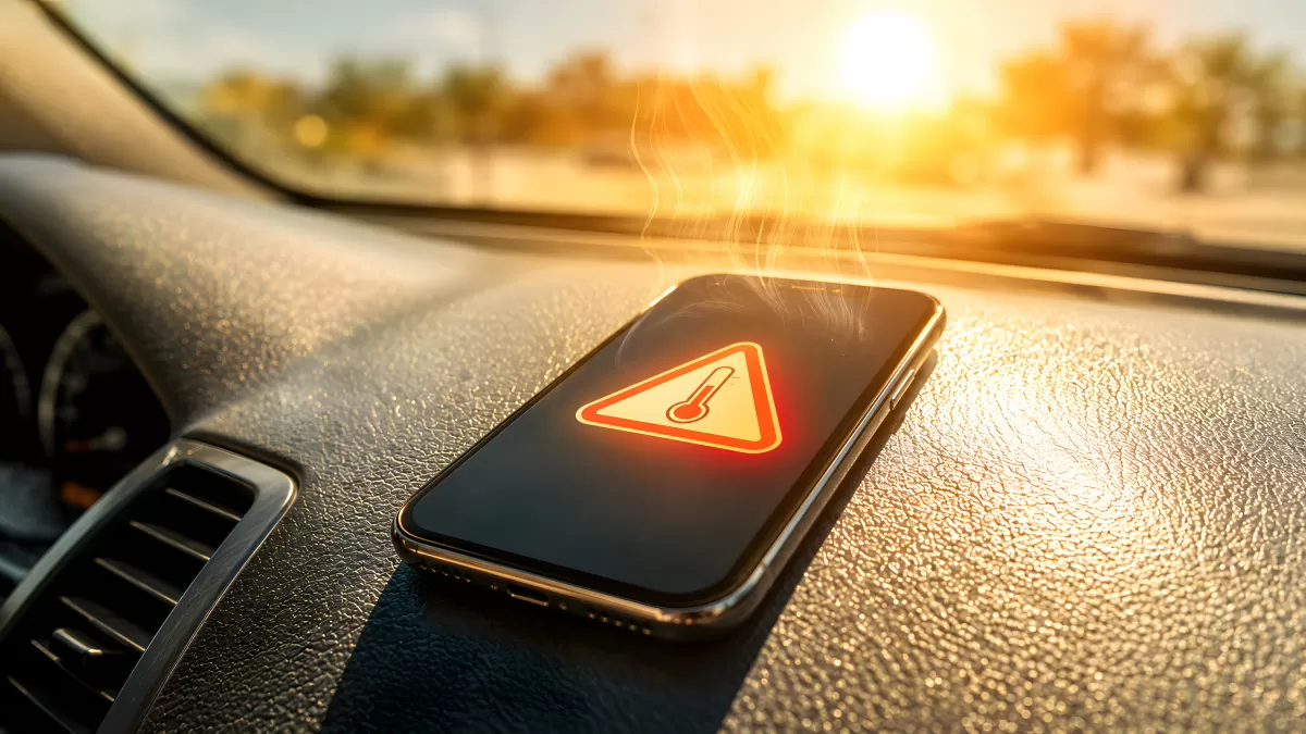 Smartphone überhitzt auf Armaturenbrett im Sonnenlicht
