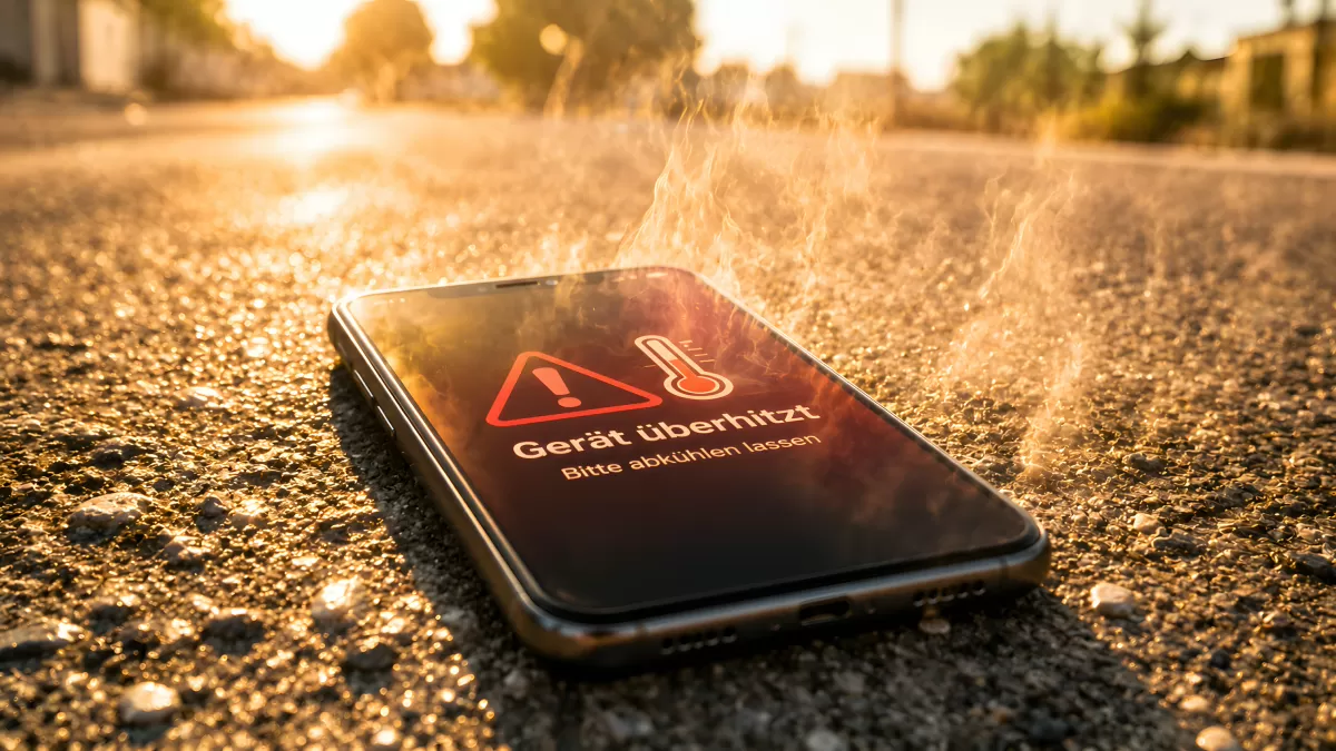 Smartphone überhitzt auf heißem Asphalt im Sommer