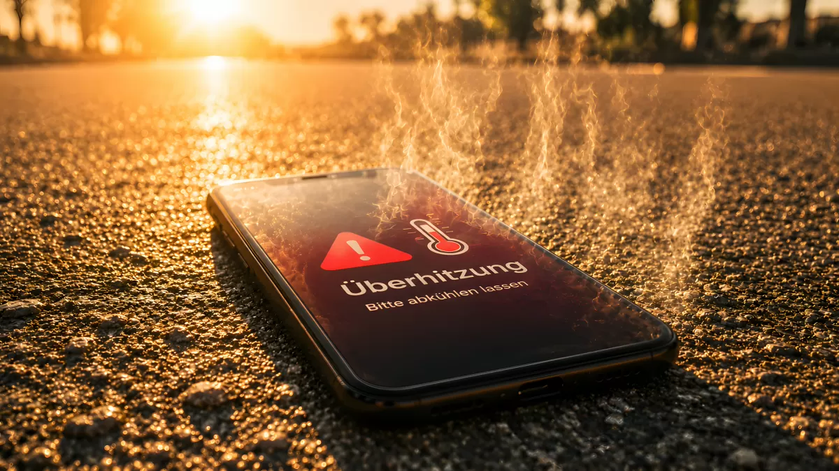 Smartphone überhitzt auf heißem Asphalt im Sonnenlicht
