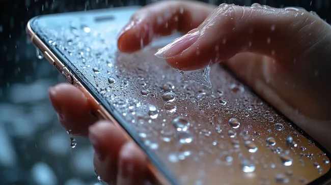 Smartphone unter Regentropfen - hochauflösendes Stockfoto
