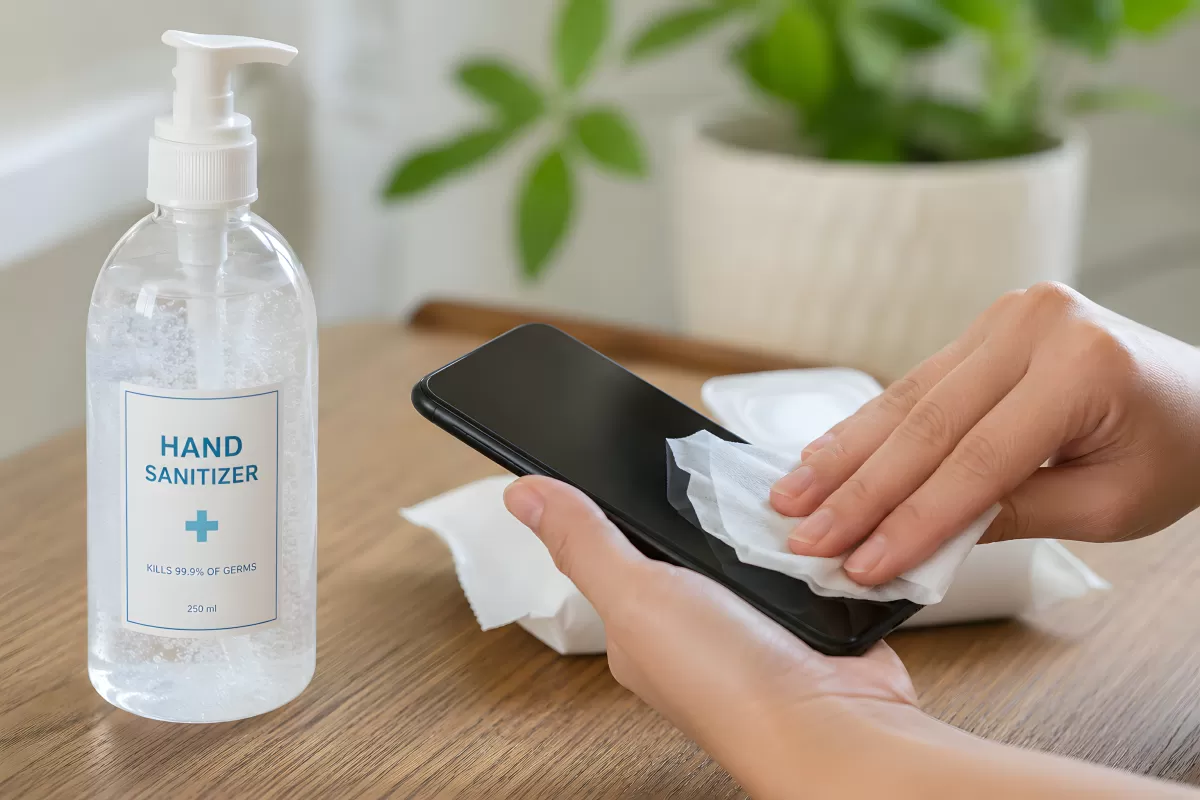 Smartphone wird mit Desinfektionstuch gereinigt