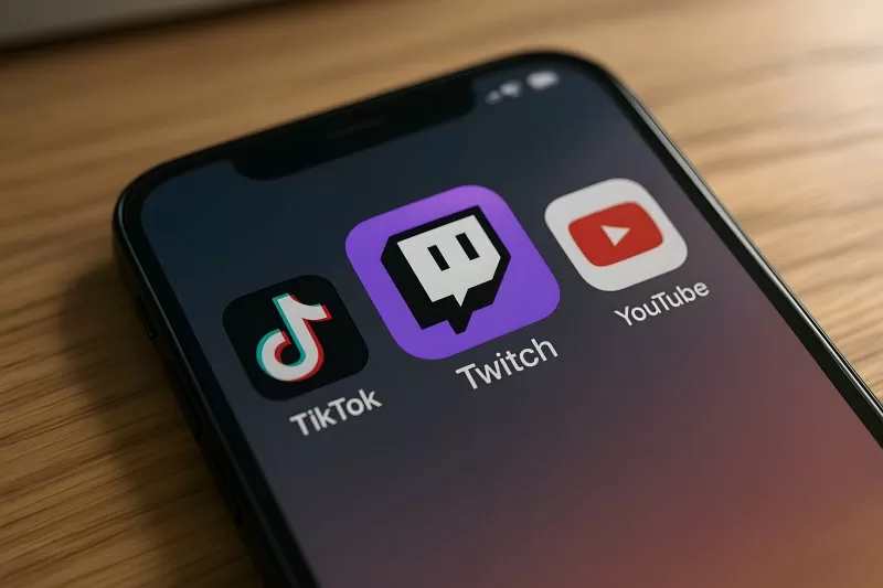 Smartphone with TikTok Twitch and YouTube app icons on screen