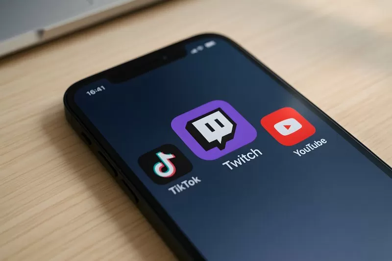 Smartphone with Twitch TikTok and YouTube icons on screen