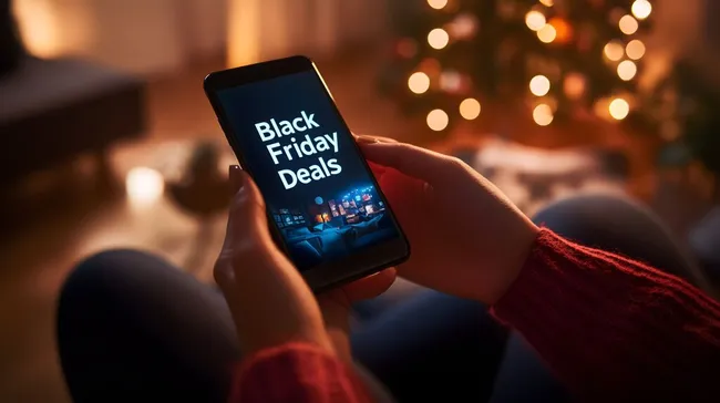 Smartphone zeigt Black Friday Deals in Weihnachtsumgebung