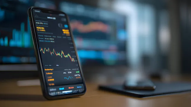 Smartphone zeigt Börsendaten und Finanzdiagramm