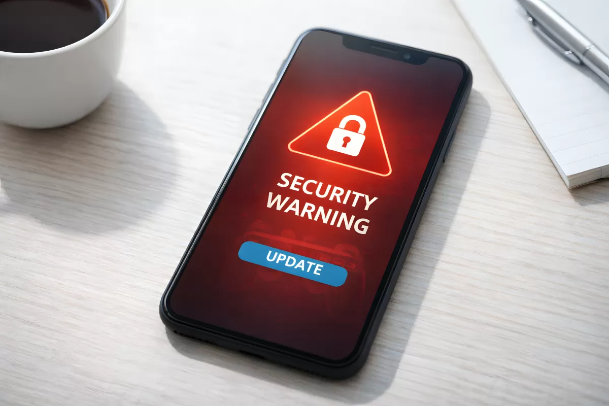 Smartphone zeigt rote Sicherheitswarnung mit Update-Button