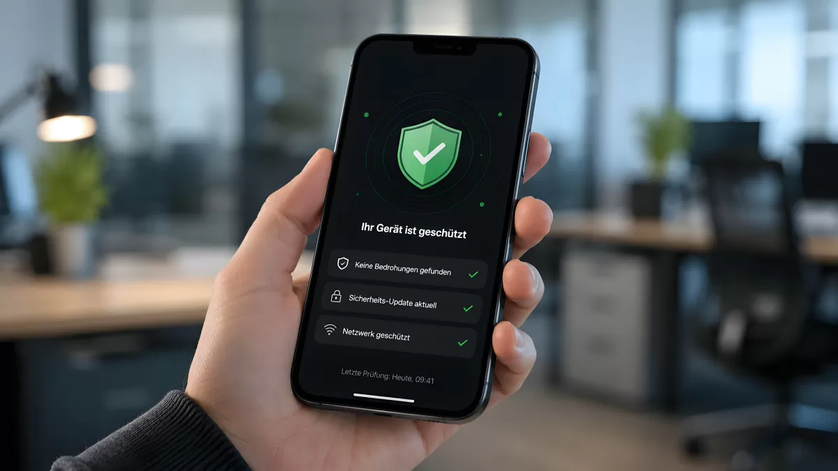 Smartphone zeigt Sicherheits-App mit grünem Schutzschild