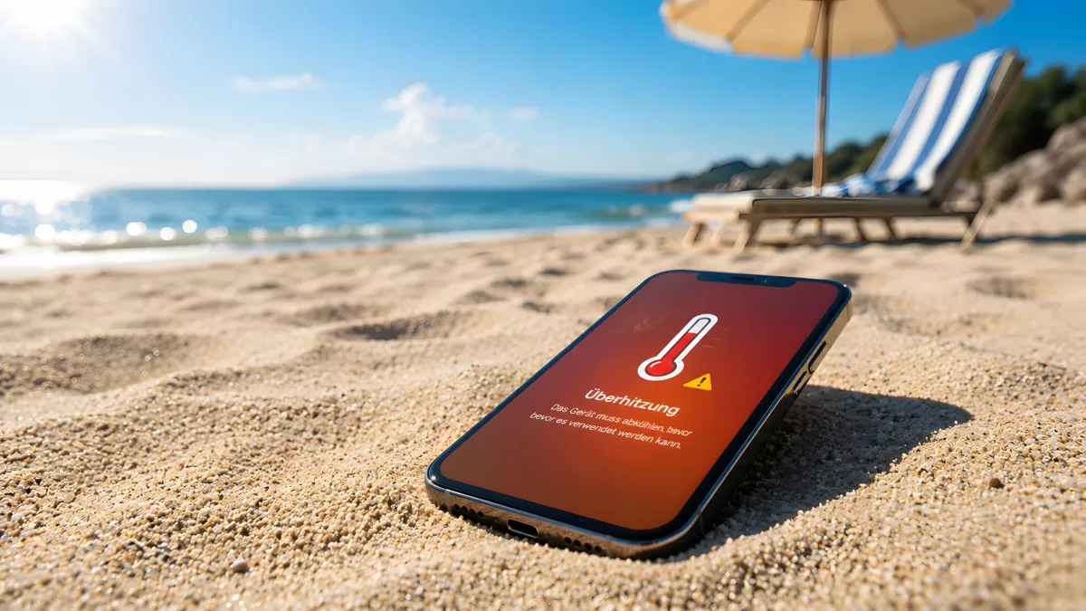 Smartphone zeigt Überhitzungswarnung am Strand