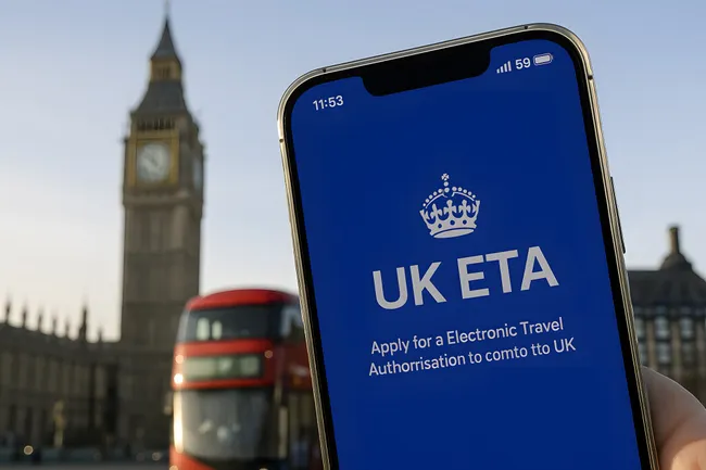 Smartphone zeigt UK-ETA App vor Big Ben in London