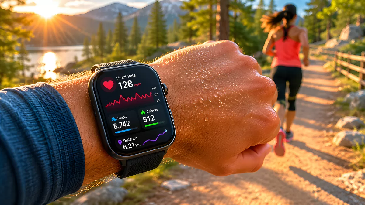 Smartwatch zeigt Fitnessdaten beim Joggen im Wald