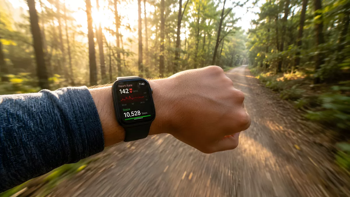 Smartwatch zeigt Herzrate beim Laufen im Wald