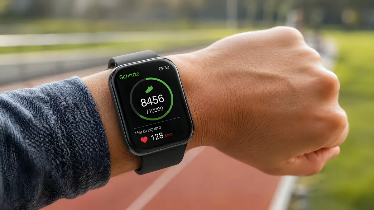 Smartwatch zeigt Schritte und Herzfrequenz beim Sport