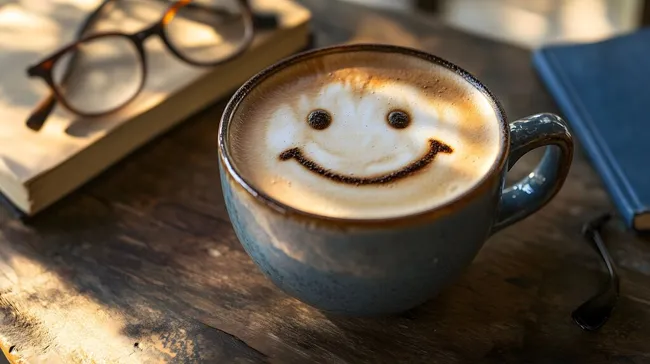 Smiley-Cappuccino auf rustikalem Holztisch