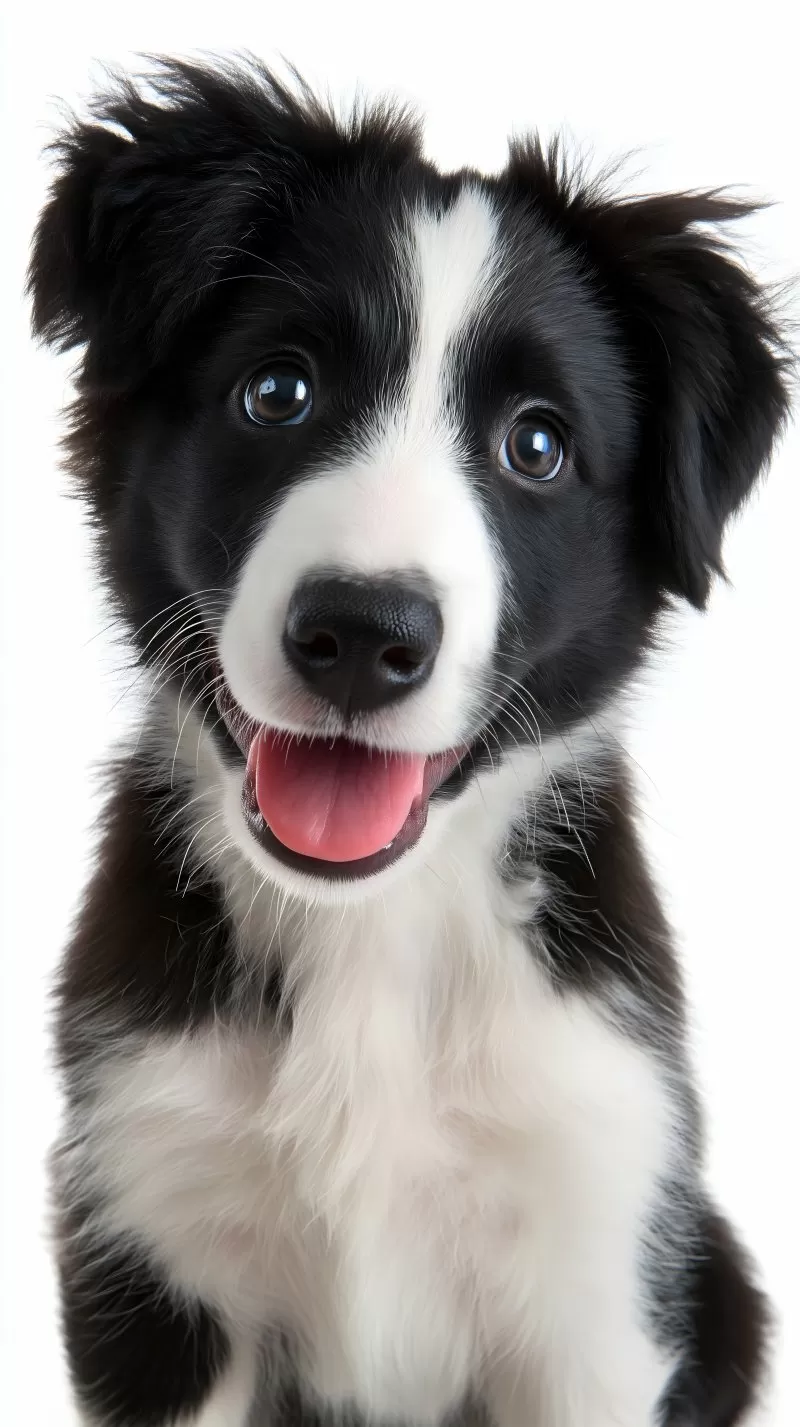 Smiling border collie puppy with open mouth on white background