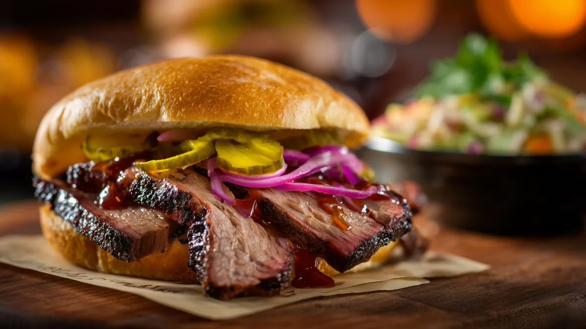 Smoked Brisket Sandwich mit Pickles und roten Zwiebeln