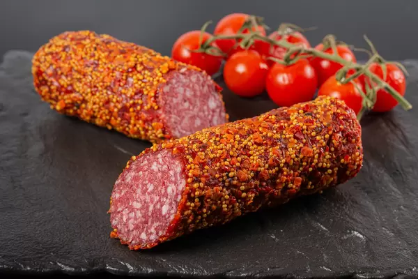 Smoked salami on black background with cherry tomatoes