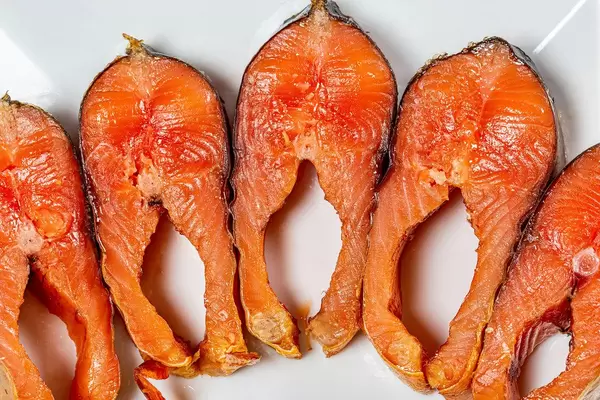 Smoked salmon steaks close up