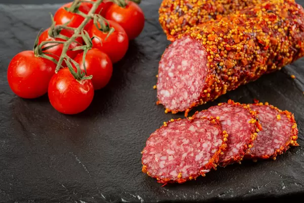 Smoked sausage with mustard seeds, paprika and tomatoes on a dark background