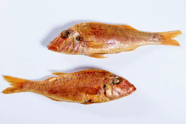 smoked Surmullet fish, white background.
