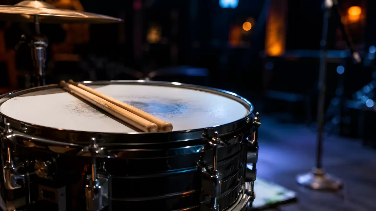 Snare-Drum mit Drumsticks auf einer Bühne
