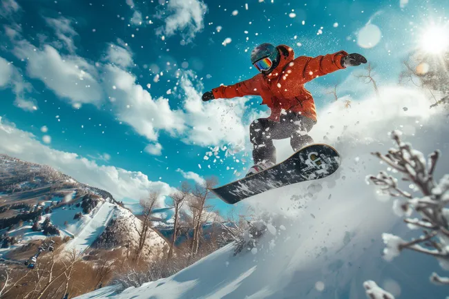 Snowboarder im Sprung über verschneite Berge