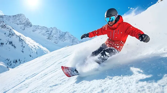 Snowboarder in roter Jacke fährt verschneiten Berghang hinab