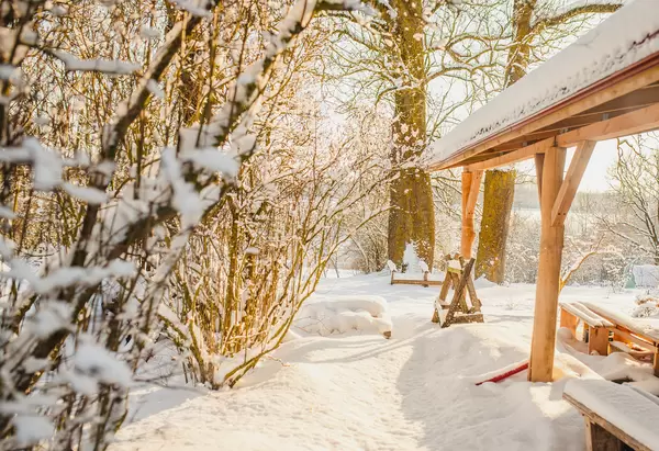 Snowy landscape Of Countryside Terrace And Wood