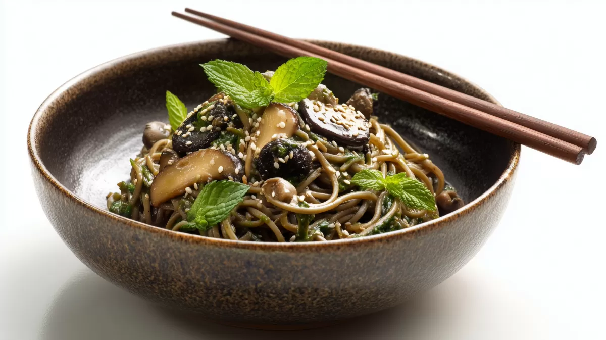 Soba Nudeln mit Sesam und Sojasauce in rustikaler Schüssel