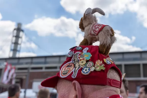 Soccer Fan with self-made merch of 1. FC Köln,  red cap and the mascot of the 1. FC Köln, the billy goat "Hennes", in front of local "RheinEnergie" stadium