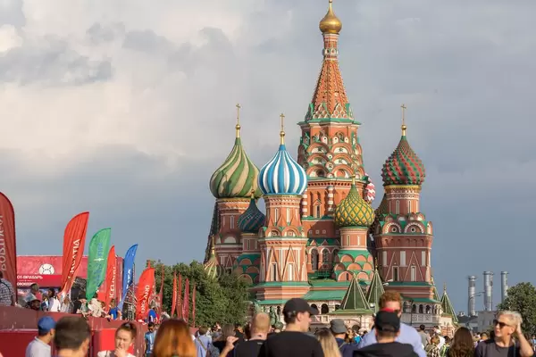 Soccer fans near the Saint Basil's Cathedral