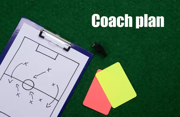 Soccer tactics board with referee cards and Coach plan text