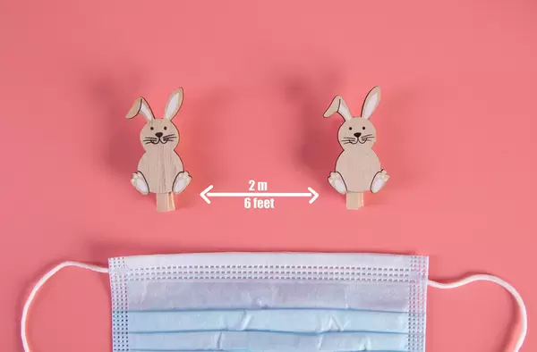 Social distancing concept with cute Easter bunnies and medical face mask