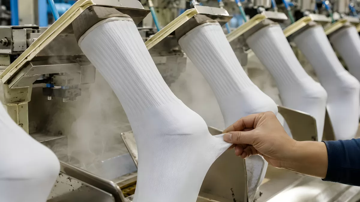 Sockenproduktion in der Fabrik mit Dampfformmaschine