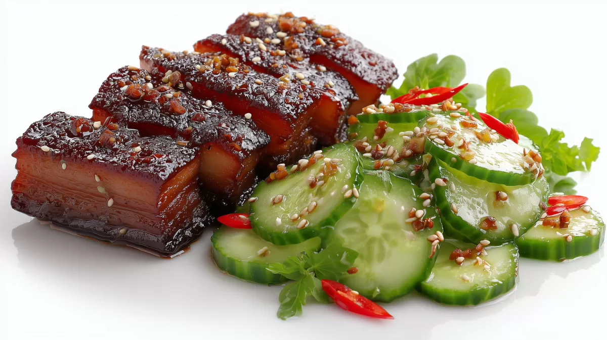 Sojaglasierter Schweinebauch mit Gurkensalat